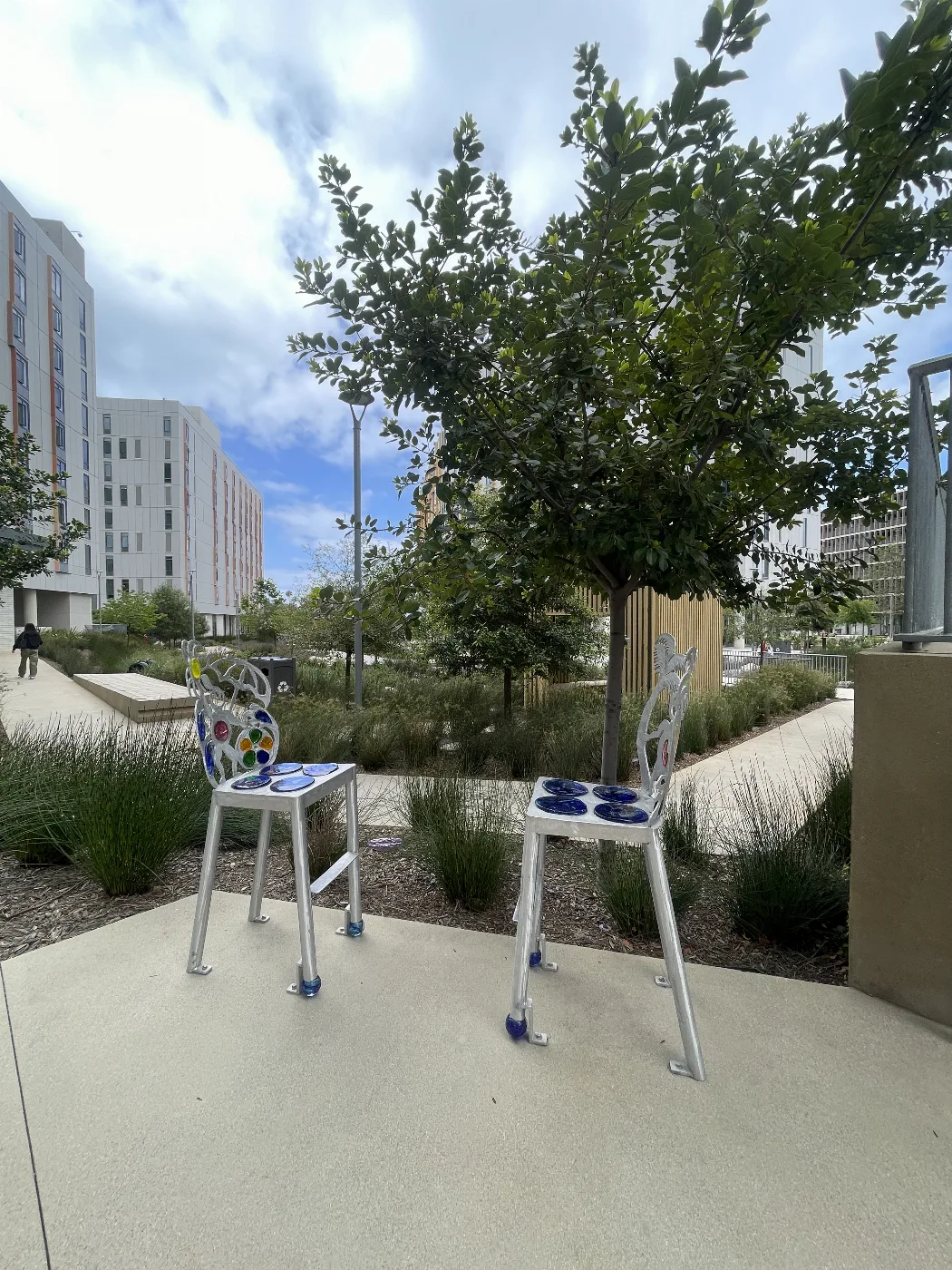 California Beach glass and metal art seats by James Stone at UC San Diego