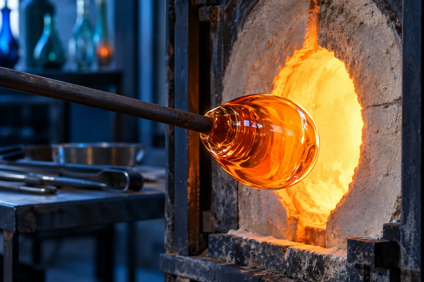 Glowing orange glass on a blowpipe beside a furnace