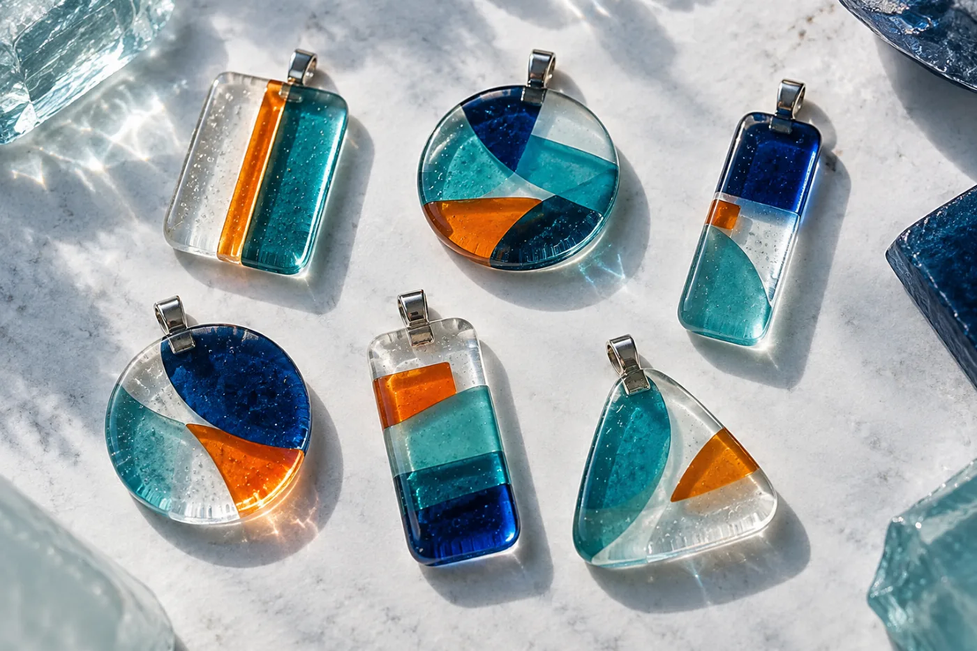 Teal, orange and cobalt fused-glass pendants on a pale work surface