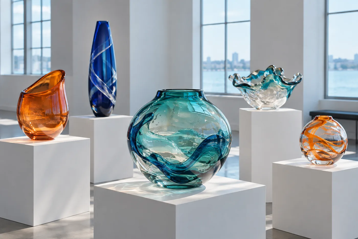 Colorful glass vessels displayed on white gallery plinths