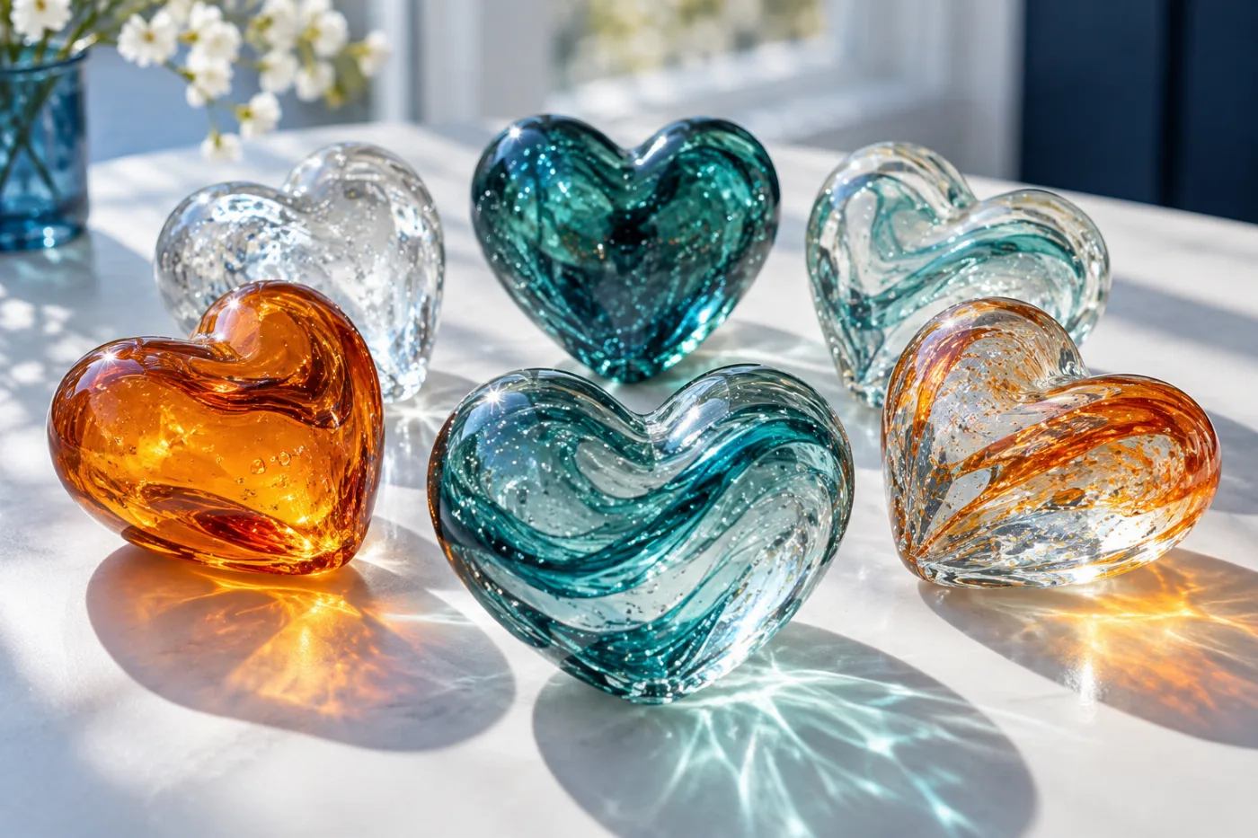 Orange, teal and clear glass hearts catching the sunlight