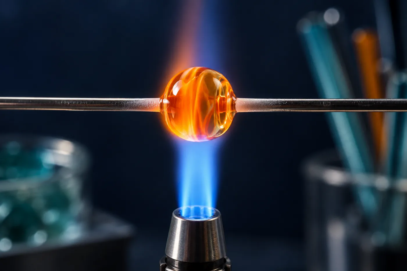 A glowing orange glass bead on a mandrel above a blue flame
