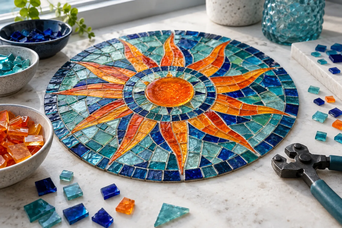 An orange and teal glass mosaic sunburst with tiles and nippers